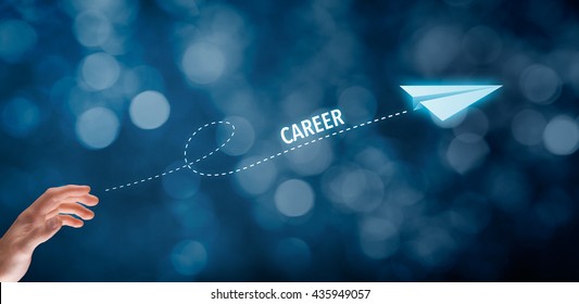 Career acceleration concept, personal development, personal growth. Businessman throw a paper plane symbolizing acceleration of career. Wide banner composition with bokeh in background.