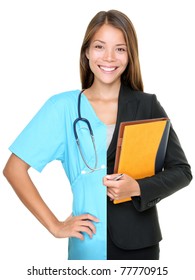 Career Choice Concept. Woman Split Half And Half In Businesswoman And Medical Doctor / Nurse. Young Smiling Woman Isolated On White Background