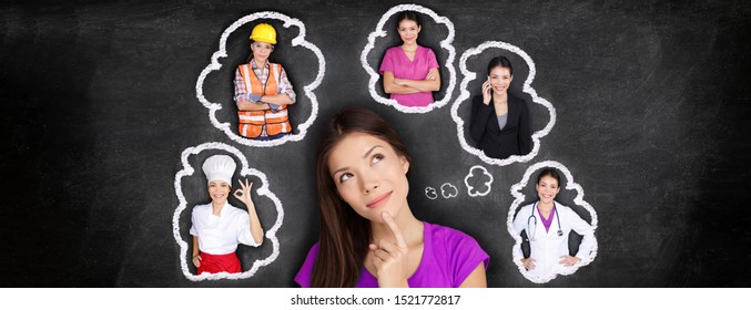 Career choice options student thinking of future job choosing college education for work. Young Asian woman dreaming of choices looking up at thought bubbles on blackboard with different professions. - Shutterstock ID 1521772817