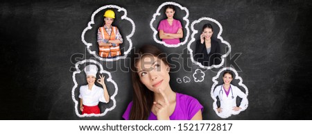 Career choice options student thinking of future job choosing college education for work. Young Asian woman dreaming of choices looking up at thought bubbles on blackboard with different professions.