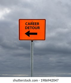 Career Detour Construction Sign With Arrow And Cloudy Sky Background                              