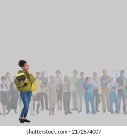 Career Education Choice Options Concept - Female Multi Race Student Thinking Of Future Education Contemplating Career Looking Up Many People Of Different Professions On Background