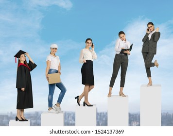 career evolution, from graduate to the top of the career ladder. From beginner to professional. blue sky background. Career development concept