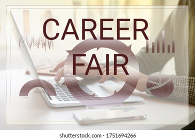 Career Fair. Woman Working With Laptop At Table, Closeup