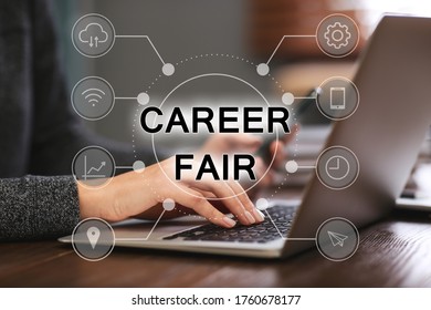 Career Fair. Woman Working With Laptop At Table, Closeup