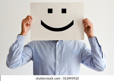 Career happiness with employee holding a blank paper and a smiley