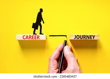 Career journey symbol. Concept words Career journey on wooden blocks on a beautiful yellow table yellow background. Businessman hand. Business Career journey concept. Copy space.