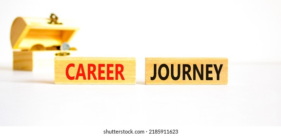 Career journey symbol. Concept words Career journey on wooden blocks on a beautiful white table white background. Wooden chest with coins. Business Career journey concept. Copy space.