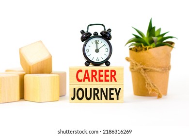 Career journey symbol. Concept words Career journey on wooden blocks on a beautiful white table white background. Black alarm clock. Business Career journey concept. Copy space.