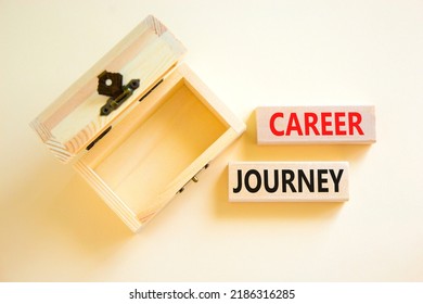 Career journey symbol. Concept words Career journey on wooden blocks on a beautiful white table white background. Empty wooden chest. Business Career journey concept. Copy space.
