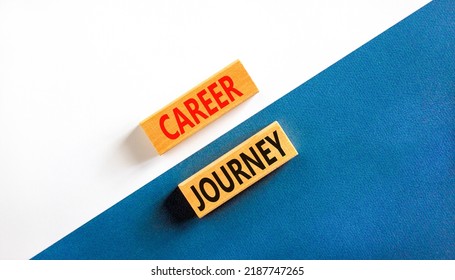 Career journey symbol. Concept words Career journey on wooden blocks on a beautiful white and blue background. Business Career journey concept. Copy space.