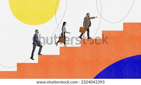 Career ladder. Contemporary art collage with business people walking upstairs over colorful background with geometric shapes. Concept of teamwork, success, goals, career