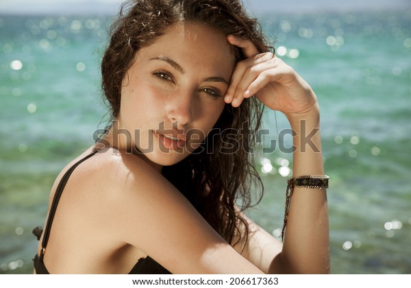 Carefree Beautiful Brunette Wet Look Long Stock Photo Edit Now