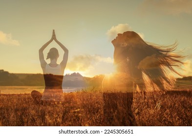 Carefree beautiful happy woman meditating  grass meadow enjoying sun on her face. Enjoying nature freedom at sunrise in nature. Mind body spirit health concept.  - Powered by Shutterstock