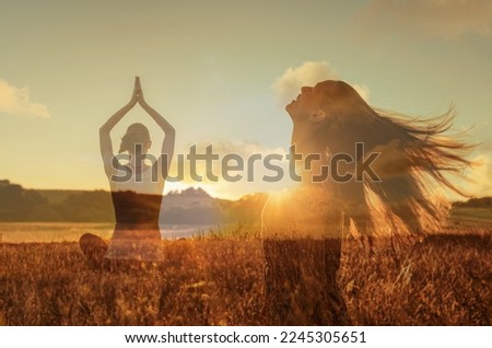 Carefree beautiful happy woman meditating  grass meadow enjoying sun on her face. Enjoying nature freedom at sunrise in nature. Mind body spirit health concept.  Foto stock © 