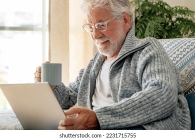 Carefree relaxed elderly bearded man sitting on sofa at home with laptop while holding a coffee cup. Senior in eyeglasses and light blue sweater - Shutterstock ID 2231715755