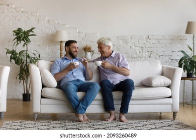 Carefree Relaxed Sincere Happy Two Male Generations Family, Young Son And Elderly Senior Father Involved In Pleasant Conversation, Talking Sharing Life News, Drinking Hot Tea Or Coffee At Home.