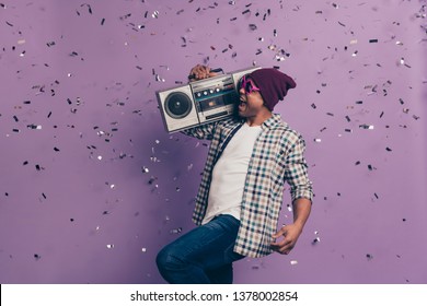 Carefree Screaming Shouting With Loud Voice Singing Dj Song Sound Student Millennial In Jeans Denim Modern Cool Swag Clothes Holding Casette Radio Player Shoulder Isolated Glitter Sparkles Background