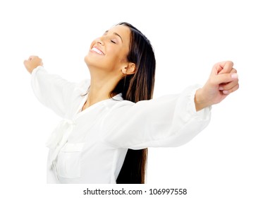 Carefree Woman Is Stress Free And Holds Her Arms Out For Freedom And Peace Of Mind. Isolated On White Background.