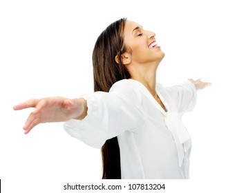 Carefree Woman Is Stress Free And Holds Her Arms Out For Freedom And Peace Of Mind. Isolated On White Background.