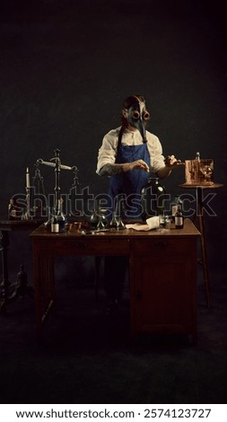 Carefully measuring herb into large jar, plague doctor appears to be creating tincture or infusion, surrounded by classic laboratory tools. Concept of pandemic, medicine, science, pharmaceutical. Ad