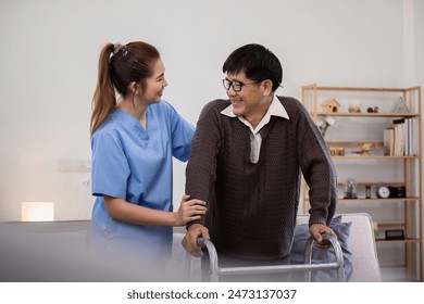 Caregiver Assisting Elderly Man with Physical Therapy Using a Walker in a Comfortable Home Setting - Powered by Shutterstock