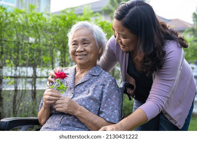 Caregiver Daughter Hug And Help  Asian Senior Or Elderly Old Lady Woman Holding Red Rose On Wheelchair In Park.