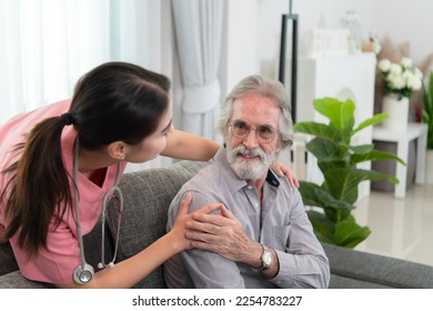 Caregiver for an elderly man Weekly check-ups at the patient's residence. Ready to give medical advice and talk about various stories, exchange each other happily. - Shutterstock ID 2254783227