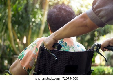 Caregiver Is Pushing Her Patient On A Wheelchair In Open Air In The Garden