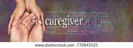 Caregivers Word Cloud - female hands gently cupped around male cupped hands beside a CAREGIVER word cloud on a rustic stone background

