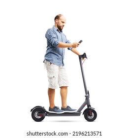 Careless Man Using A Smartphone While Riding An Electric Scooter, White Background