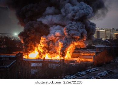 Carelessness with fire hazardous things. Firefighters extinguish house soon collapsing. Nearby burning apartments building with bright orange flames sparks and smoke from strong fire at late night.