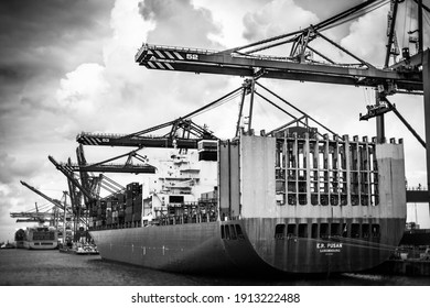 Cargo Boat With The Name E.R. Pusan On The Back From Luxemburg Wating To Be Loaded In A Port