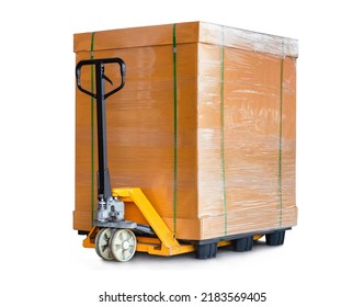 Cargo Boxes on Plastic Pallet with Hand Pallet Truck. Isolated on White Background. Cartons, Cardboard Boxes. Supply Chain. Storehouse Distribution. Shipping Supplies Warehouse Logistics.	
					
