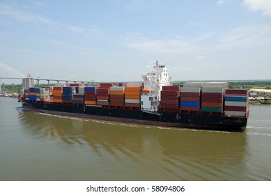 Cargo Container Ship Entering Savannah River Port Georgia