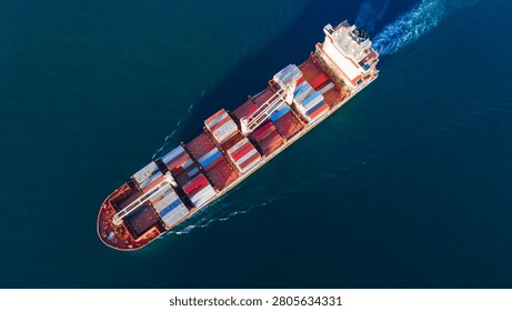 cargo container ship fully loaded transportaion colorful shipping containers navigates through deep blue ocean waters, leaving a wake as it transports goods global maritime logistics international trade.