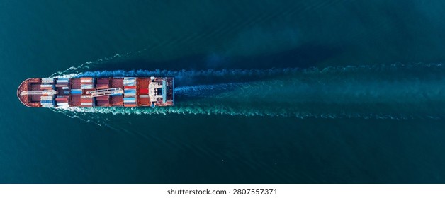 cargo container ship fully loaded transportaion colorful shipping containers navigates through deep blue ocean waters, leaving a wake as it transports goods global maritime logistics international trade.