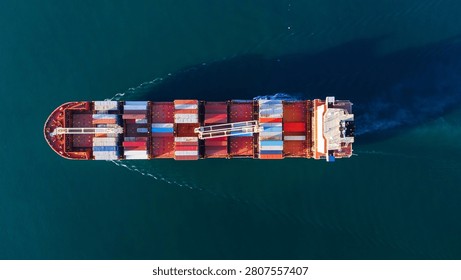 cargo container ship fully loaded transportaion colorful shipping containers navigates through deep blue ocean waters, leaving a wake as it transports goods global maritime logistics international trade.