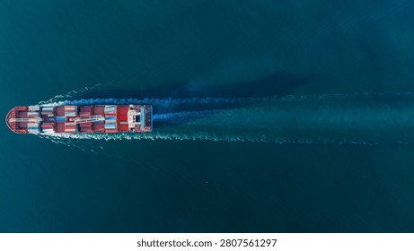 cargo container ship fully loaded transportaion colorful shipping containers navigates through deep blue ocean waters, leaving a wake as it transports goods global maritime logistics international trade.