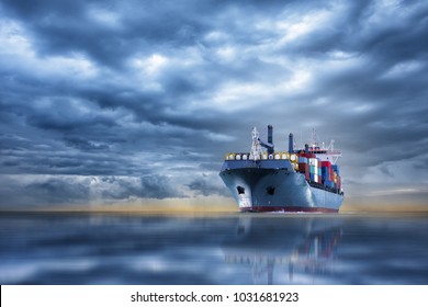 Cargo Container Ship Running In The Ocean Between Storm Cloud Concept Freight Shipping By Ship.