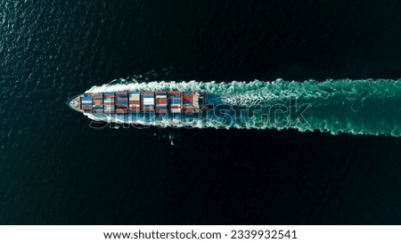 cargo container ship sailing full speed in sea to import export goods and distributing products to dealer and consumers worldwide, by container ship Transport business delivery service, aerial view 