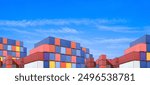 Cargo Container Ship Stack Pile against Blue Sky Background in International Industry Port Shipment Terminal Yard at Commercial Harbor, Export logistics Shipping Transportation Backdrop