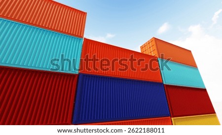 Cargo container stack. Export logistics shipping transportation. Stacked containers. Containers cargo shipping. Logistic transportation industry. Freight import-Export. Distribution warehouse. 