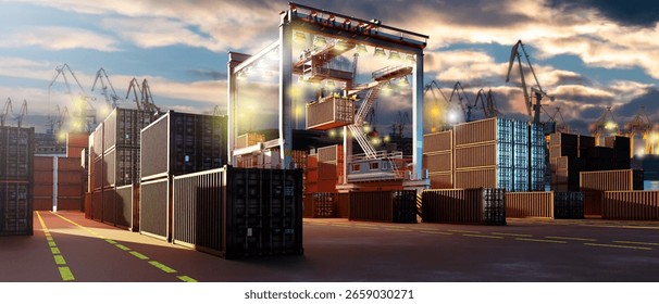 Cargo containers and crane under dramatic evening sky at busy shipping port, highlighting international trade, freight logistics, and maritime transport. Transport, Logistics, Customs.