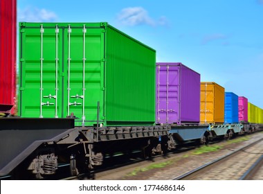 Cargo Containers Transportation On Freight Train By Railway. Intermodal Container On Train Car. Rail Freight Shipping Logistics Concept.