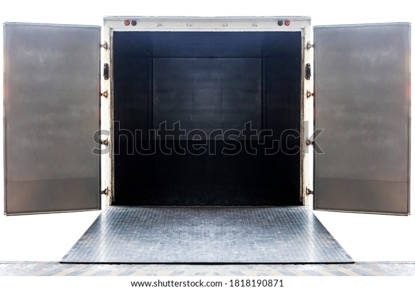 Cargo\
freight, Delivery service. Truck open door cargo container.\
Interior inside of truck load shipment goods.\
