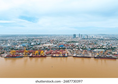 cargo loading and unloading scene at hai phong port, vietnam, 4k quality drone image on october 8, 2025