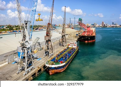 Cargo Operations In The Trading Port In Front Of Dar Es Salaam, Tanzania