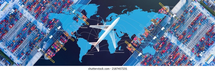 Cargo Plane Flying Above Ship Port Coverage World Map Import-export, Network Logistics Partnership Connection Busiest Container Ports. Container Ships Loading And Unloading Background.