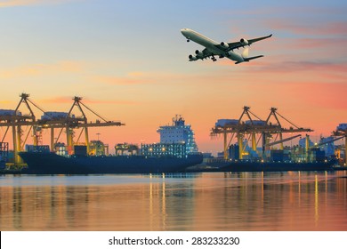 Cargo Plane Flying Above Ship Port Use For Transportation And Freight Logistic Industry Business